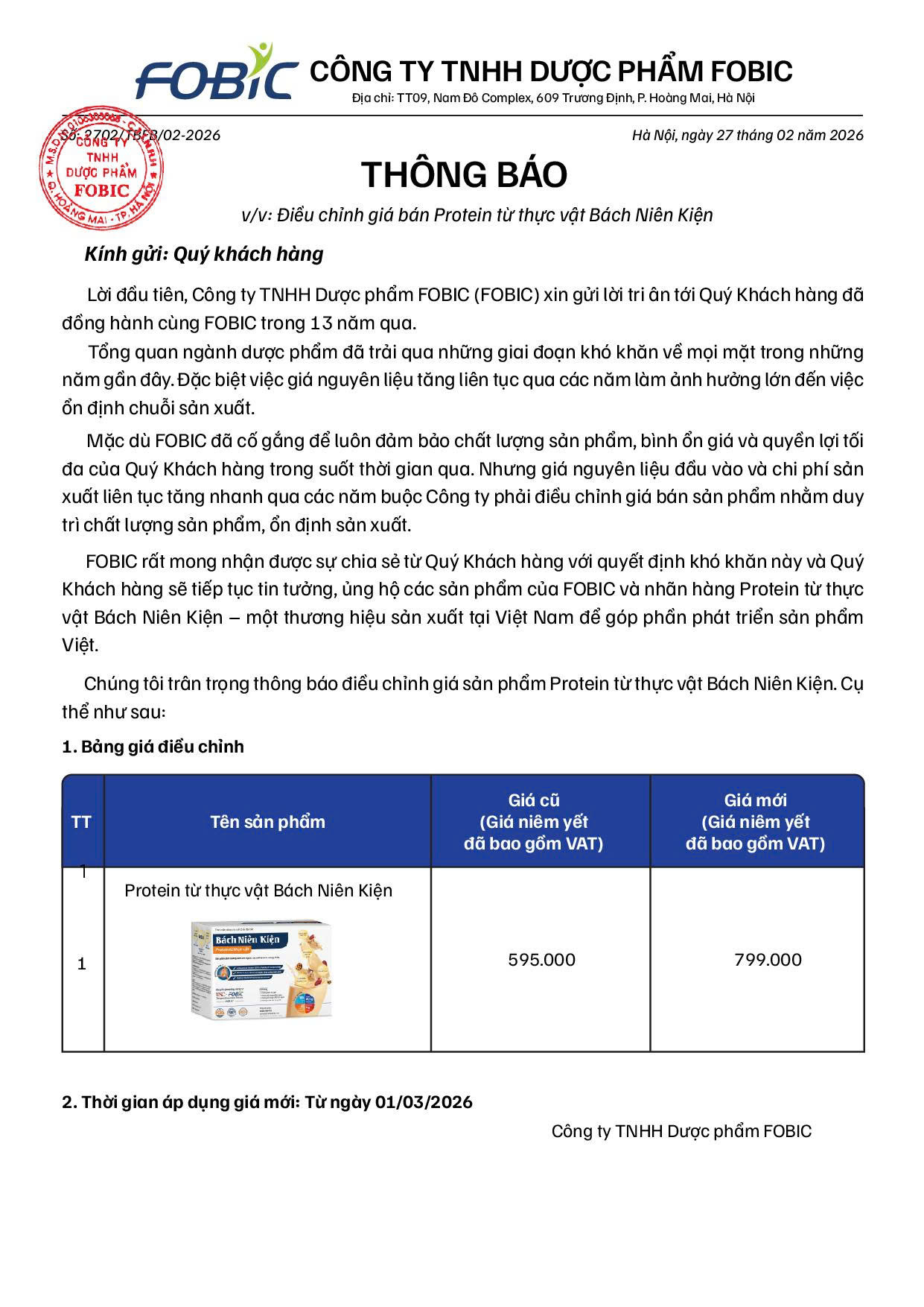 THÔNG BÁO ĐIỀU CHỈNH GIÁ BÁN PROTEIN TỪ THỰC VẬT BÁCH NIÊN KIỆN